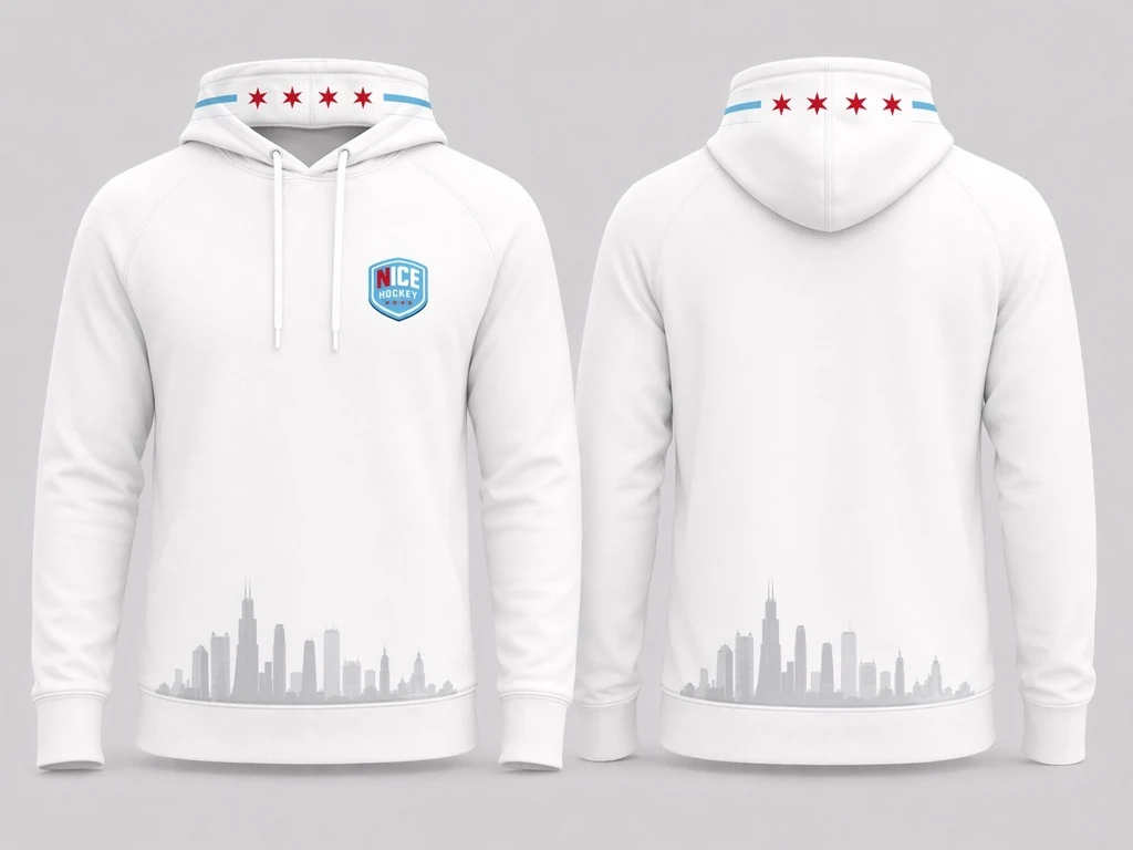 Front and back example of a white NICE Hockey hoodie with Chicago skyline details