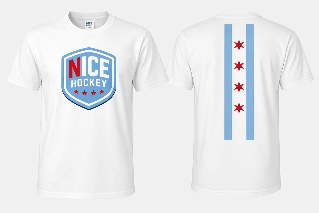 Front and back example of a white NICE Hockey T-shirt